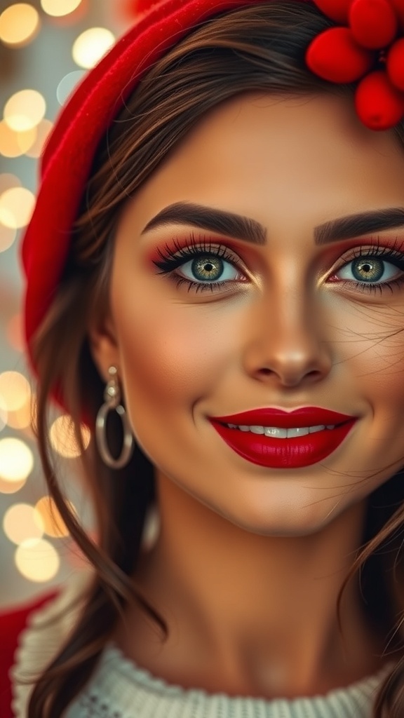 Close-up of a Christmas makeup aesthetic with red lips and warm eyeshadow.